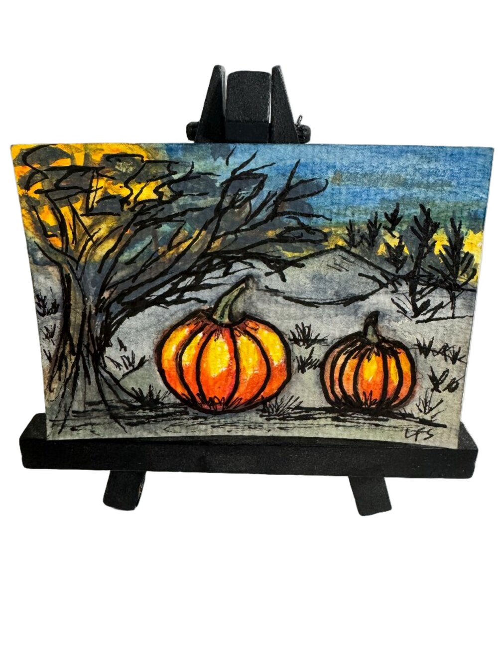ACEO Original Watercolor & Ink "Moonlit Pumpkin Patch" Halloween Spooky Fall